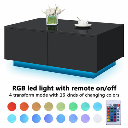 LED Coffee Table with 4 Drawers Center Cocktail Side Table Black High Gloss Finish