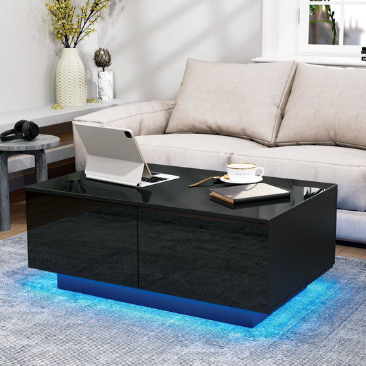 LED Coffee Table with 4 Drawers Center Cocktail Side Table Black High Gloss Finish