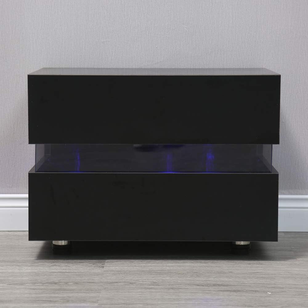 Night Stands for Bedroom, Night Stands with LED, 2 Drawers Nightstand Modern Design Bedside Table, with Colour Changing Light(Can Get a Free Remote Control),High Gloss Nightstands Storage (Black)