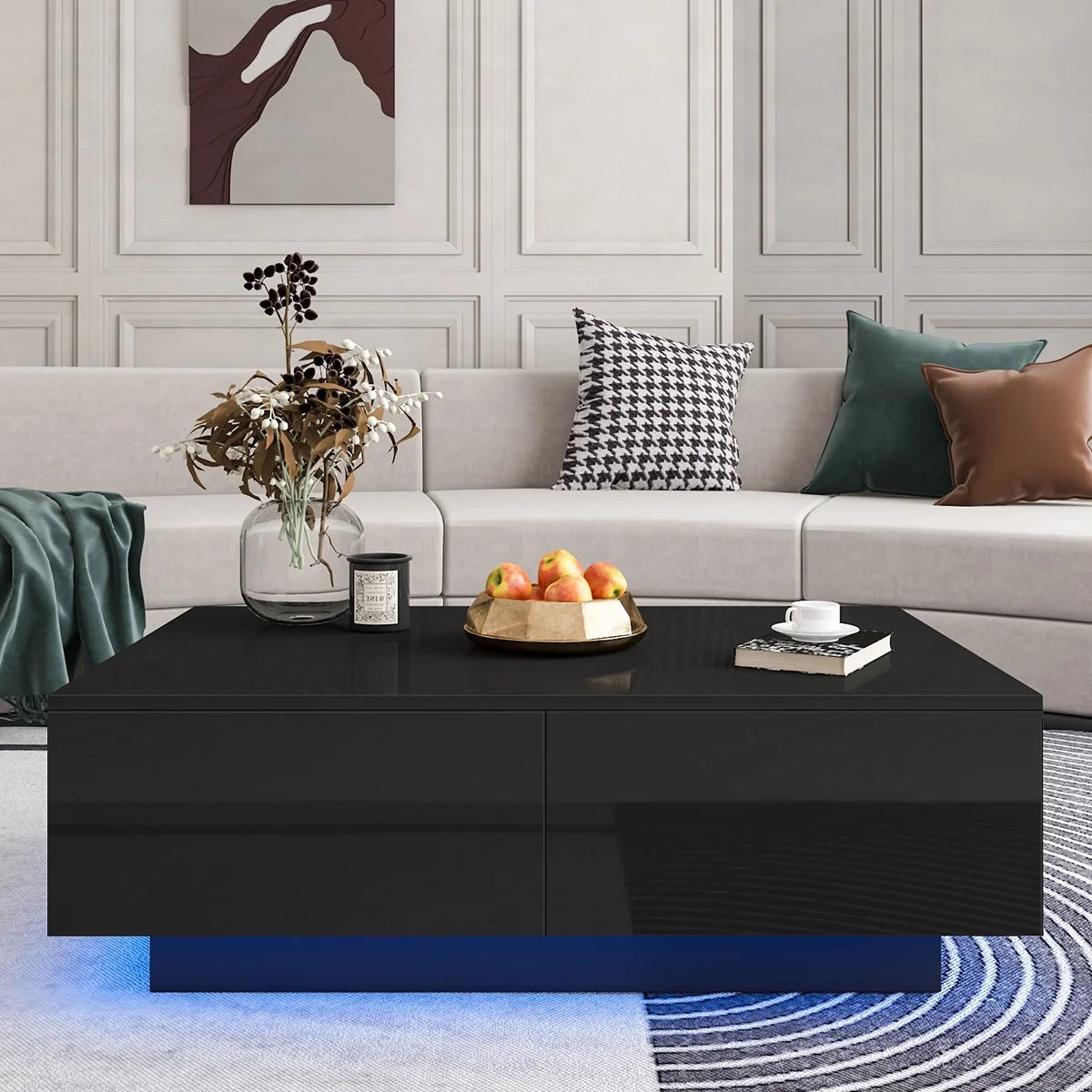 LED Coffee Table with 4 Drawers Center Cocktail Side Table Black High Gloss Finish